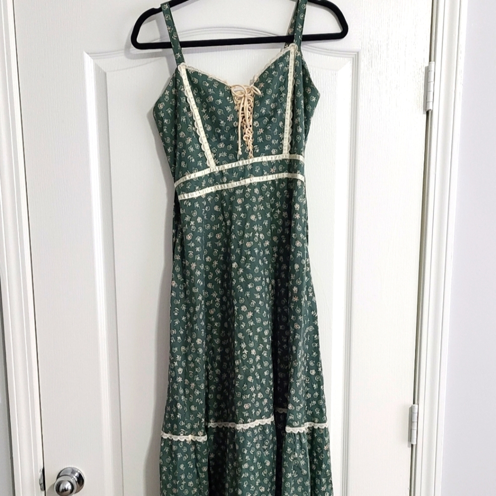 Gunne Sax 1970s green flower maxi dress
